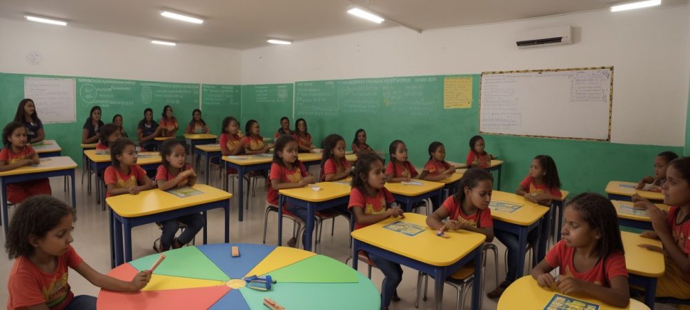 Sala de aula com alunos interagindo em atividades lúdicas para dificuldades de aprendizagem.