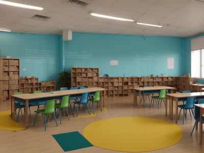 Sala de aula com educadores utilizando materiais diversos para abordar dificuldades de aprendizagem.