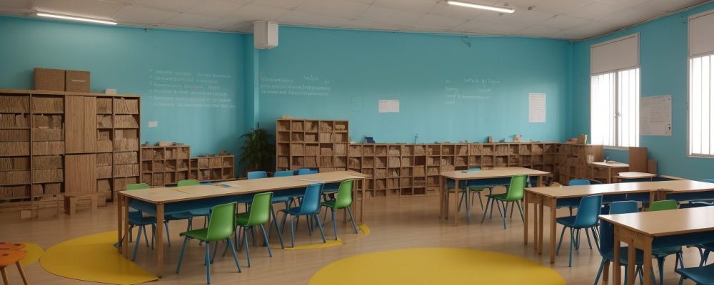 Sala de aula com educadores utilizando materiais diversos para abordar dificuldades de aprendizagem.