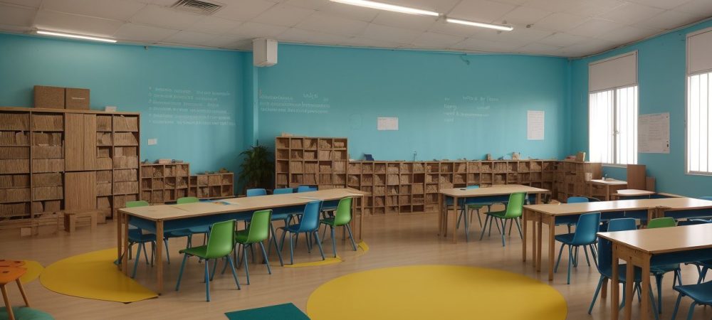 Sala de aula com educadores utilizando materiais diversos para abordar dificuldades de aprendizagem.