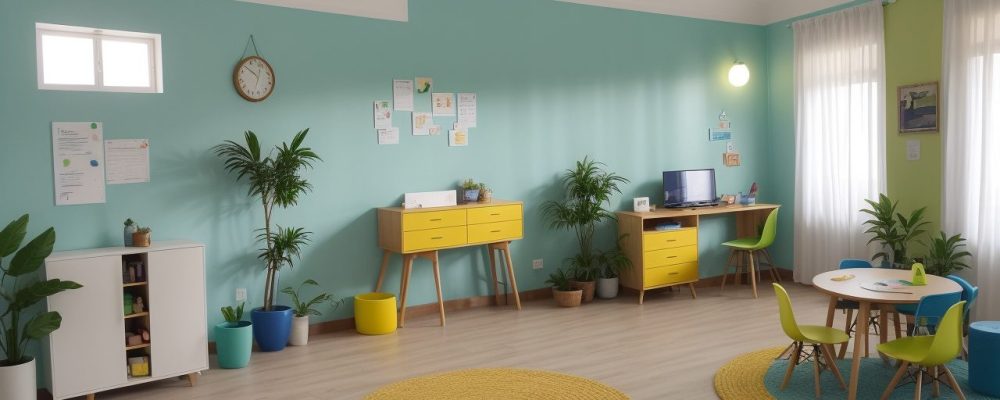 Cena de sala de aula com crianças usando aplicativos e jogos educativos para dificuldades de aprendizagem