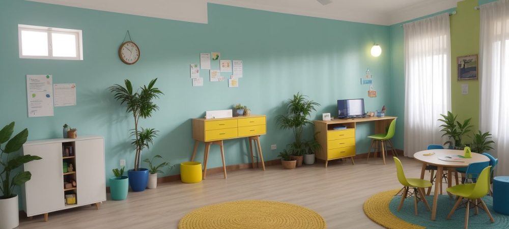 Cena de sala de aula com crianças usando aplicativos e jogos educativos para dificuldades de aprendizagem