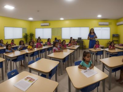 Crianças em sala de aula mostrando sinais de dificuldades de aprendizagem com gestos de confusão e desmotivação.