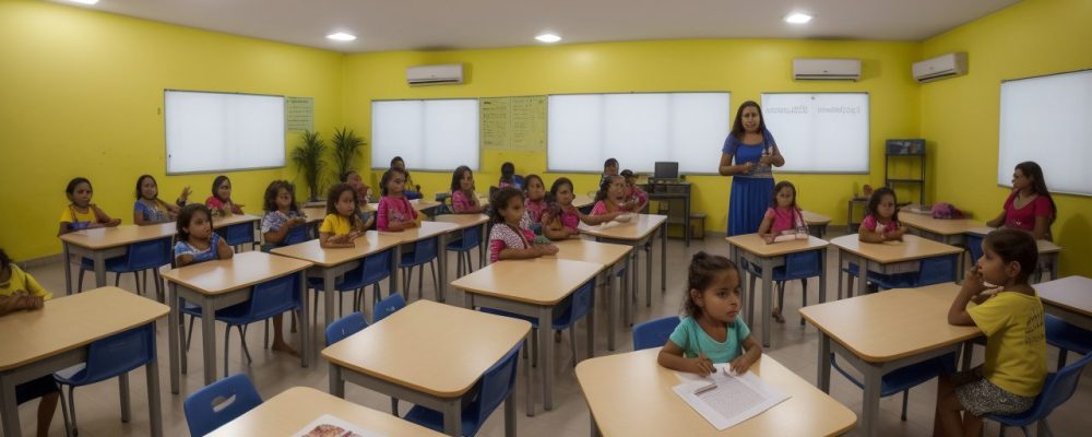 Crianças em sala de aula mostrando sinais de dificuldades de aprendizagem com gestos de confusão e desmotivação.