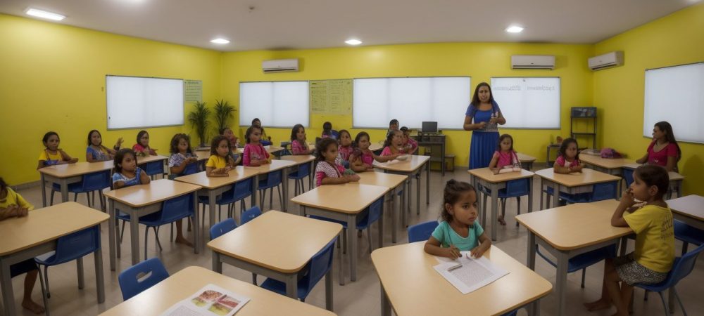 Crianças em sala de aula mostrando sinais de dificuldades de aprendizagem com gestos de confusão e desmotivação.