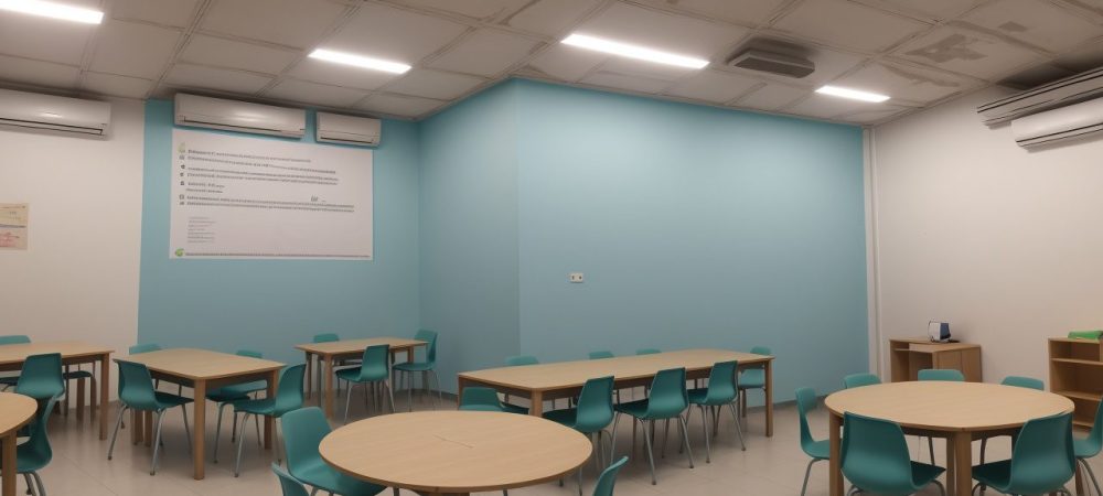 Sala de aula colaborativa com materiais visuais para auxiliar alunos com dificuldades de aprendizagem.