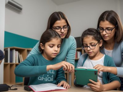 Ambiente escolar com alunos utilizando tecnologia assistiva e atividades práticas para dificuldades de aprendizagem.
