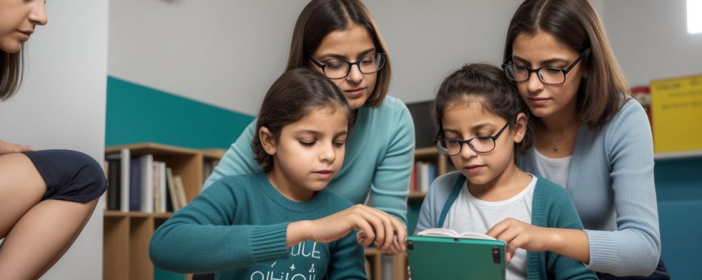 Ambiente escolar com alunos utilizando tecnologia assistiva e atividades práticas para dificuldades de aprendizagem.