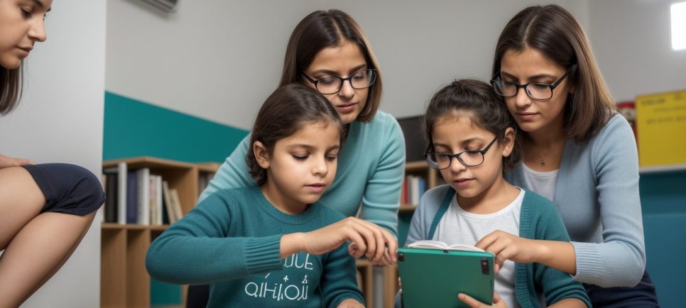 Ambiente escolar com alunos utilizando tecnologia assistiva e atividades práticas para dificuldades de aprendizagem.