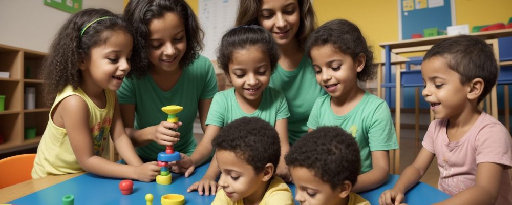 Crianças em sala de aula, participando de atividades de imersão linguística em escola bilíngue, com foco em educação bilíngue no Brasil.