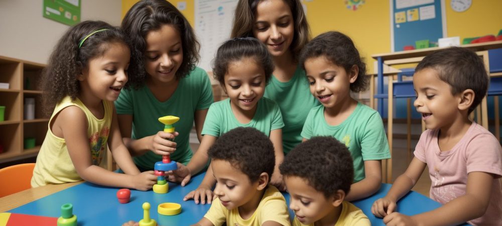 Imersão Linguística: Crianças Aprendendo em Escola Bilíngue Crianças em sala de aula, participando de atividades de imersão linguística em escola bilíngue, com foco em educação bilíngue no Brasil.