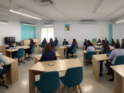 Equipe colaborativa discutindo sobre pedagogia empresarial e andragogia em ambiente de aprendizado.