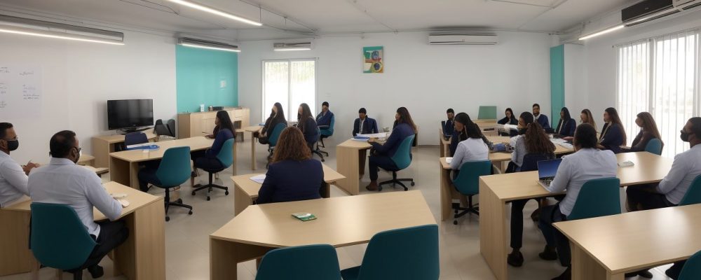Equipe colaborativa discutindo sobre pedagogia empresarial e andragogia em ambiente de aprendizado.