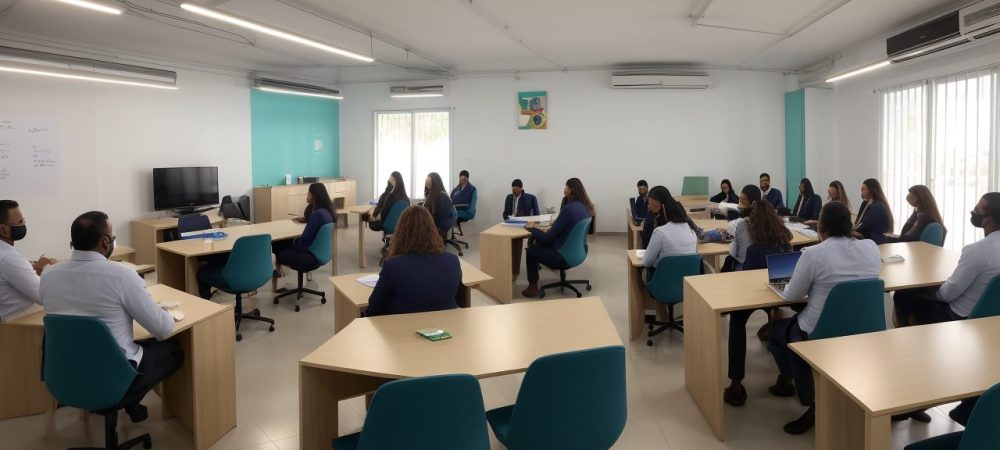 Equipe colaborativa discutindo sobre pedagogia empresarial e andragogia em ambiente de aprendizado.