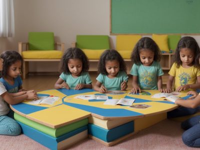 Sala de aula com estudantes desfrutando atividades de alfabetização e letramento interativas.