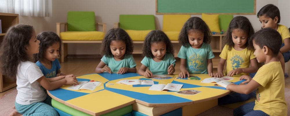 Sala de aula com estudantes desfrutando atividades de alfabetização e letramento interativas.