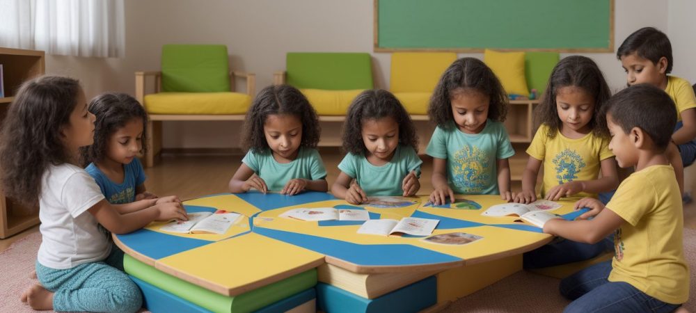 Sala de aula com estudantes desfrutando atividades de alfabetização e letramento interativas.