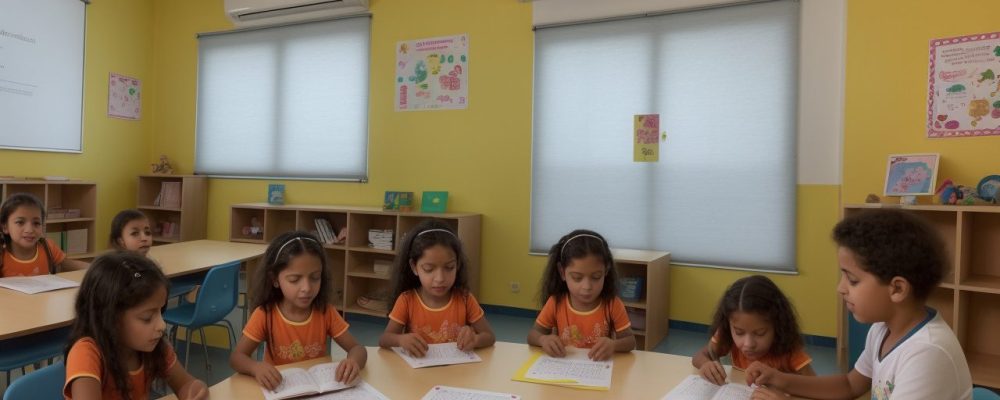 Sala de aula moderna iluminada com atividades de letramento e alfabetização entre alunos.