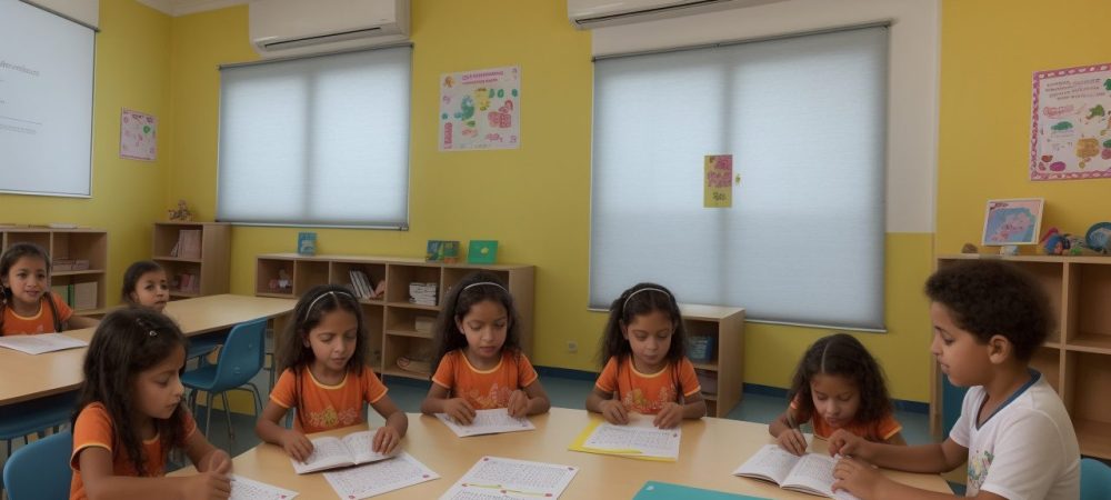 Sala de aula moderna iluminada com atividades de letramento e alfabetização entre alunos.