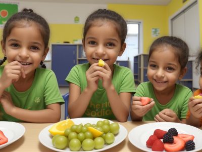 Crianças em ambiente escolar explorando opções de merenda escolar saudável sob orientação de nutricionista.