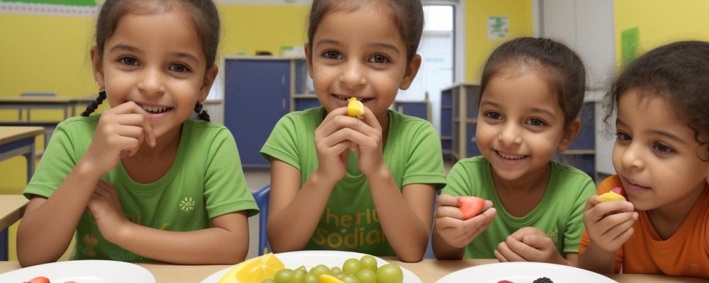 Crianças em ambiente escolar explorando opções de merenda escolar saudável sob orientação de nutricionista.