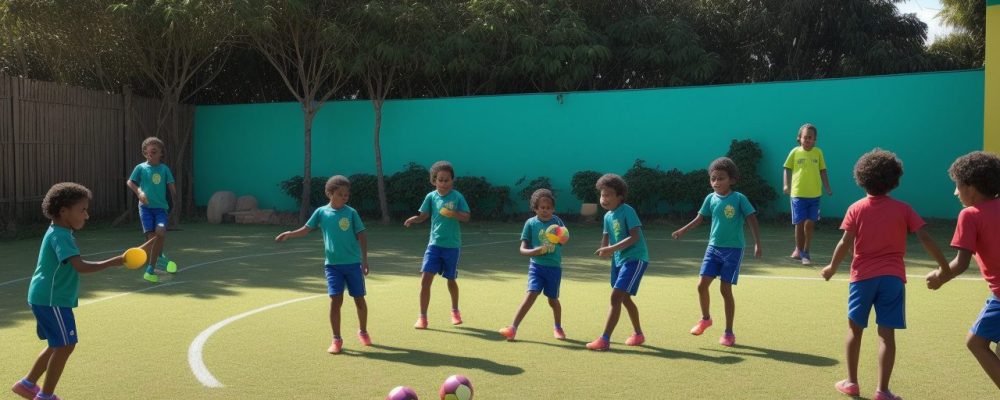 Crianças participando de atividades de educação física, promovendo saúde e socialização