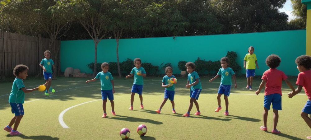 Crianças participando de atividades de educação física, promovendo saúde e socialização