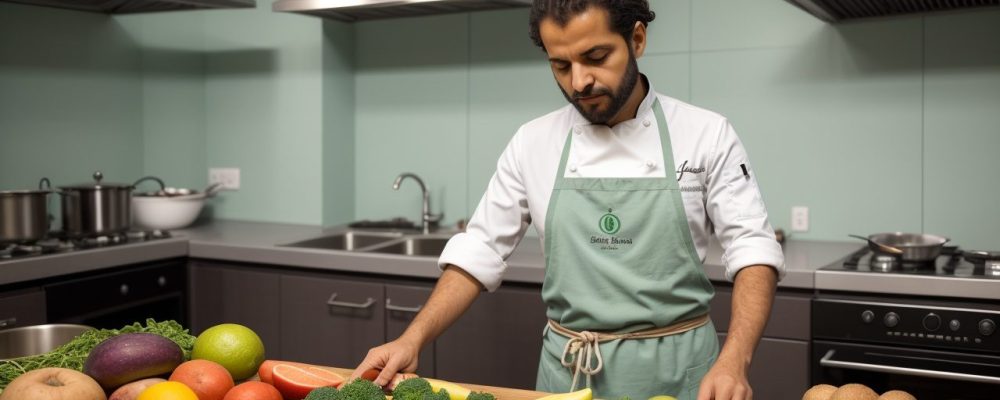Chef de cozinha preparando pratos saudáveis e sustentáveis no setor público mostrando ingredientes locais.