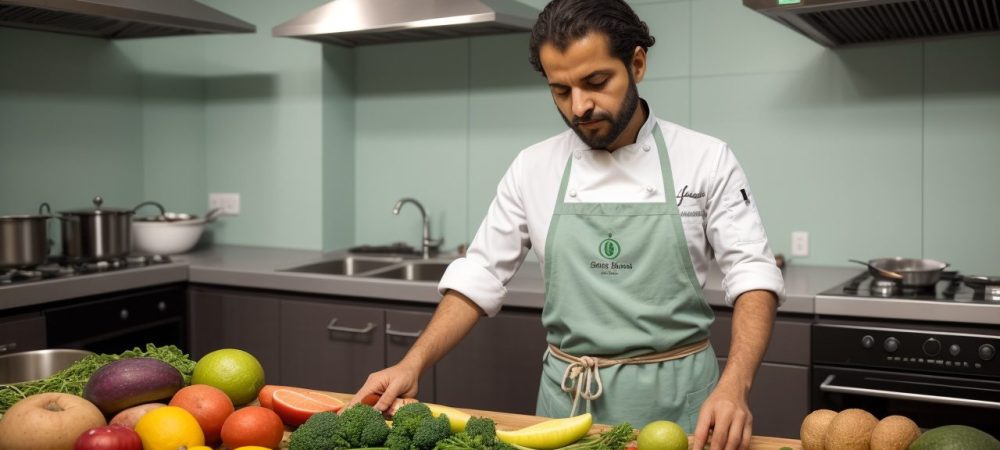 Chef de cozinha preparando pratos saudáveis e sustentáveis no setor público mostrando ingredientes locais.