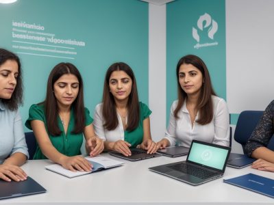 Ambiente de aprendizagem com servidores públicos discutindo gestão pública e cursos.