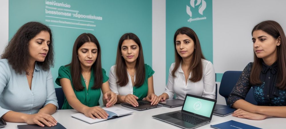 Ambiente de aprendizagem com servidores públicos discutindo gestão pública e cursos.