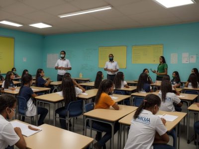 Ambiente escolar durante inspeção com foco em melhoria do aprendizado e colaboração