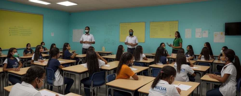 Ambiente escolar durante inspeção com foco em melhoria do aprendizado e colaboração