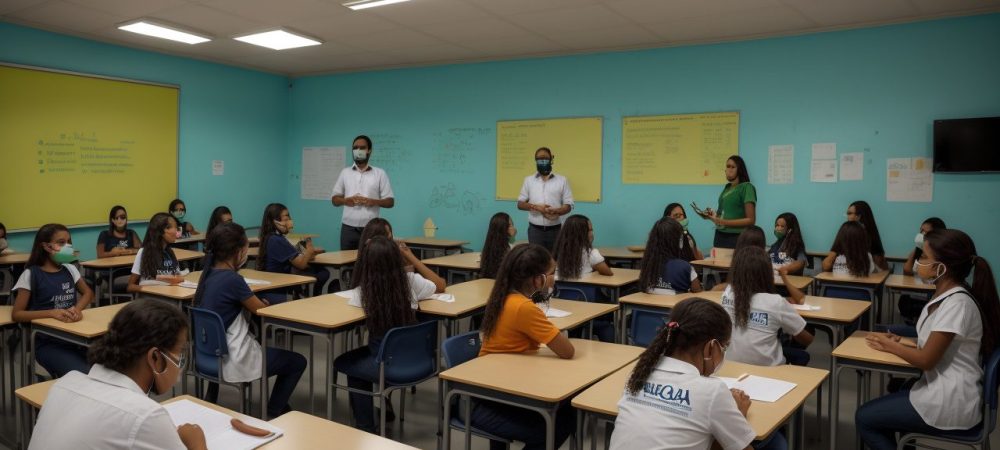 Ambiente escolar durante inspeção com foco em melhoria do aprendizado e colaboração