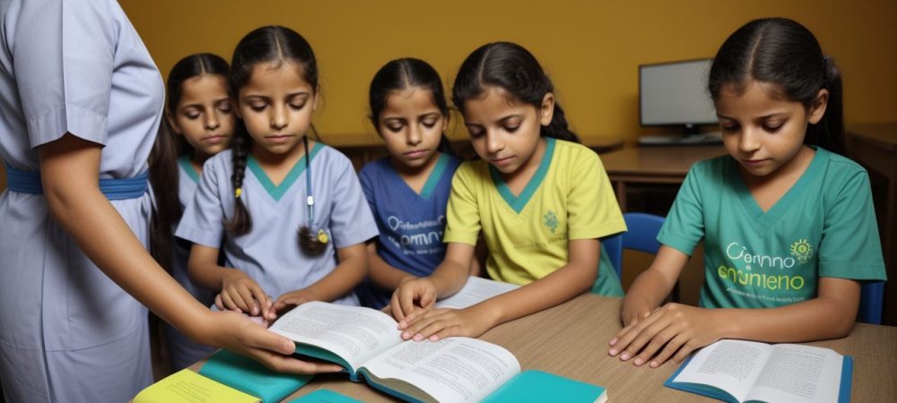 Crianças em classe hospitalar aprendendo com atividades lúdicas em um ambiente acolhedor