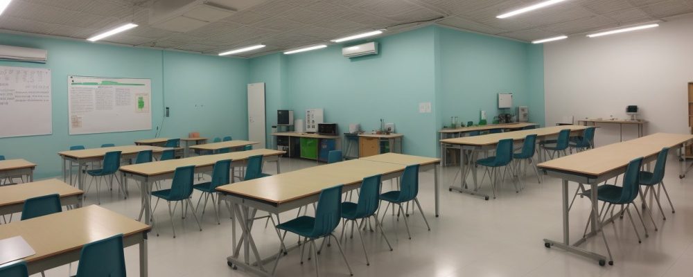 Sala de aula de química com professores e alunos realizando experimentos práticos sobre reações químicas