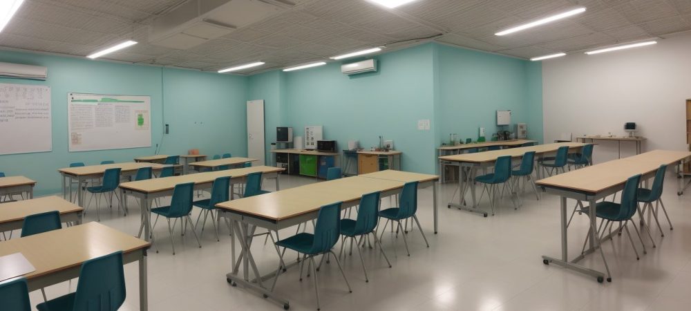 Sala de aula de química com professores e alunos realizando experimentos práticos sobre reações químicas