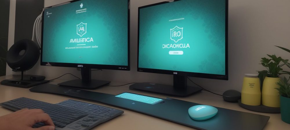 Cenário moderno com elementos de cibersegurança, incluindo monitores com gráficos de rede e alertas.