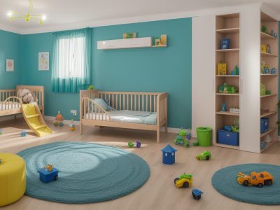 Cenário de cuidador infantil com crianças em atividades recreativas e educativas.