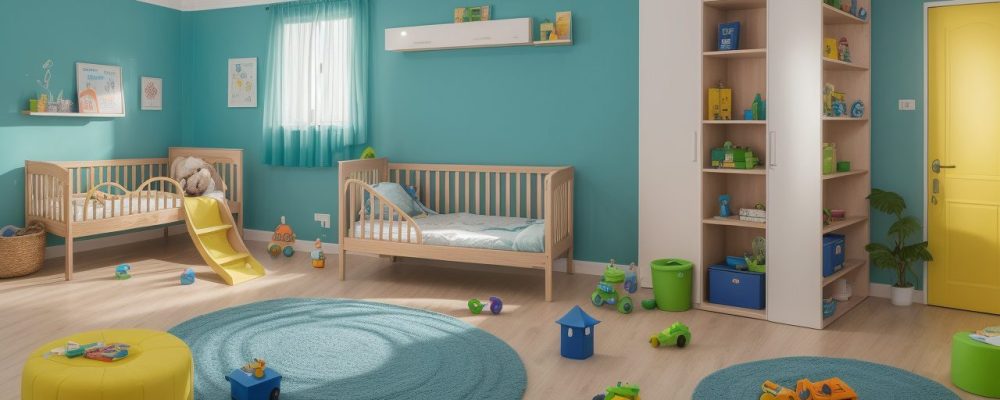 Cenário de cuidador infantil com crianças em atividades recreativas e educativas.