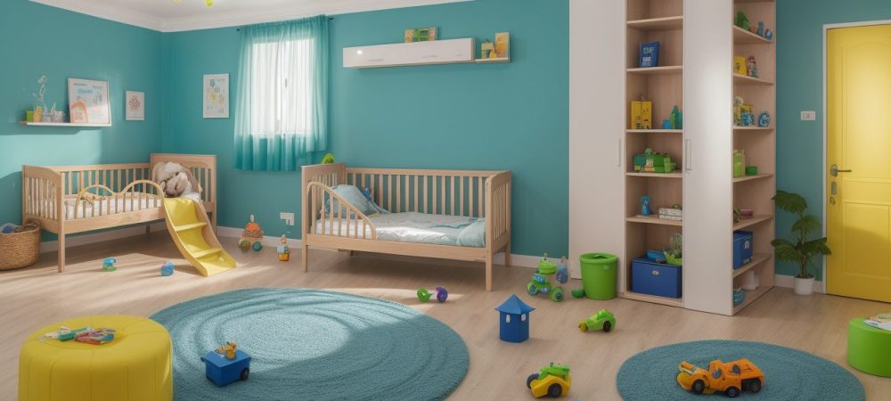 Cenário de cuidador infantil com crianças em atividades recreativas e educativas.