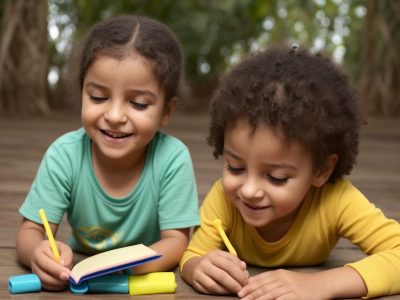 Cuidador infantil interagindo com crianças em ambiente seguro e acolhedor, promovendo aprendizado.
