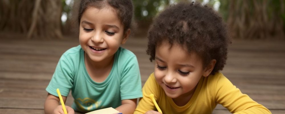 Cuidador infantil interagindo com crianças em ambiente seguro e acolhedor, promovendo aprendizado.