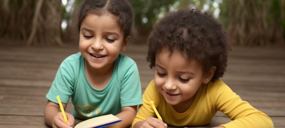 Cuidador infantil interagindo com crianças em ambiente seguro e acolhedor, promovendo aprendizado.