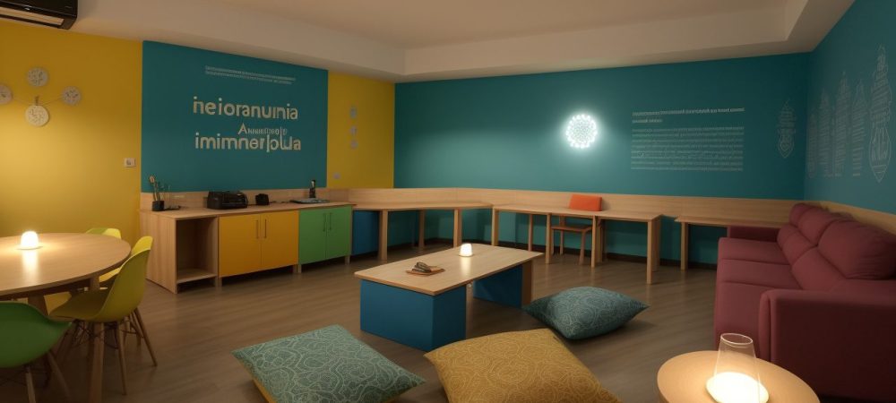 Aula de ensino religioso com alunos engajados em atividades colaborativas discorrendo sobre diversidade religiosa