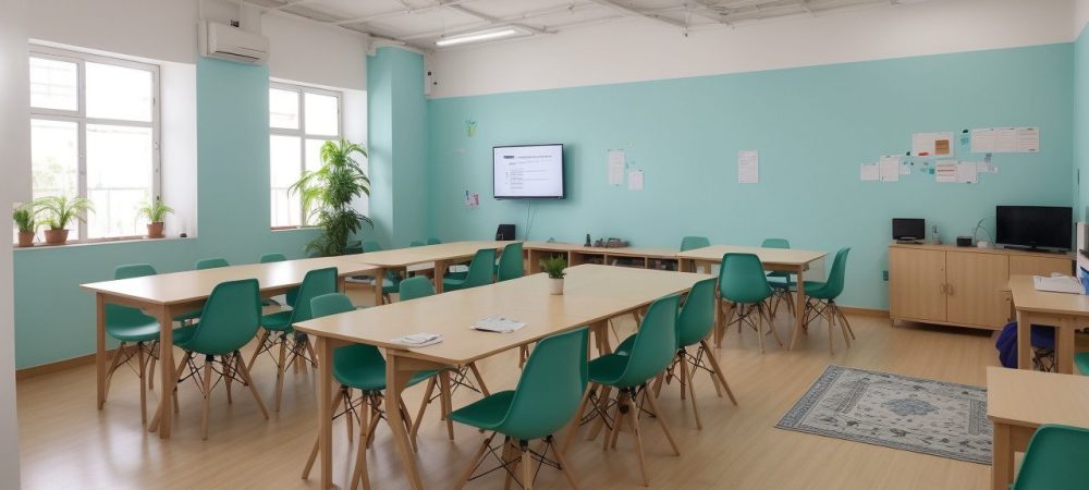 Estudantes aprendendo inglês básico em um ambiente colaborativo e interativo