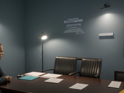 Visão de um documento de inquérito policial sobre a mesa, ao lado de objetos de investigação e leis