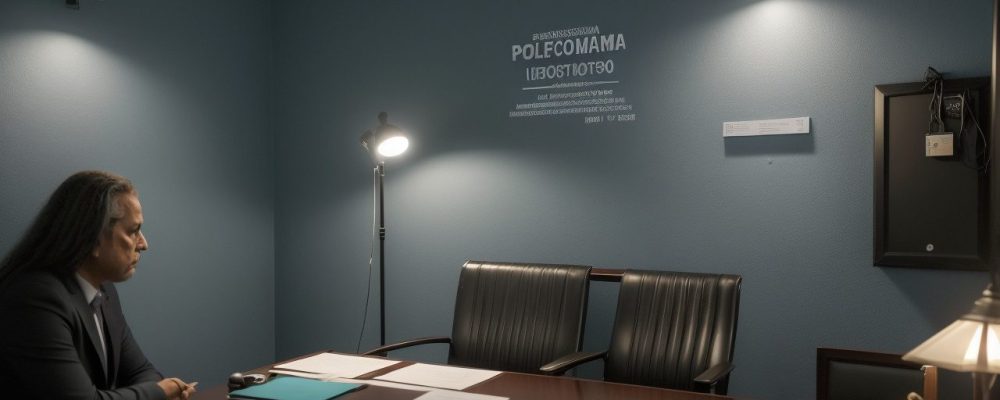 Visão de um documento de inquérito policial sobre a mesa, ao lado de objetos de investigação e leis