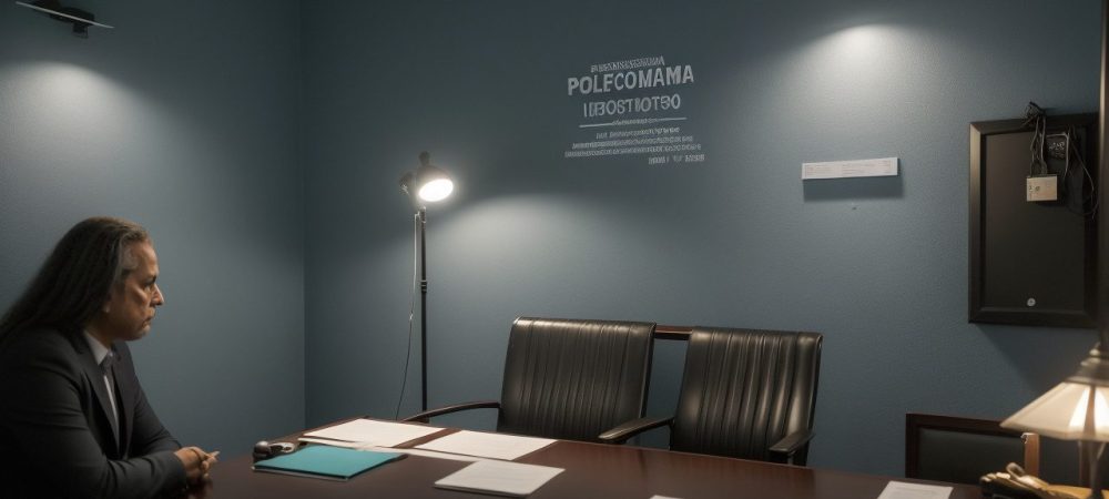 Visão de um documento de inquérito policial sobre a mesa, ao lado de objetos de investigação e leis