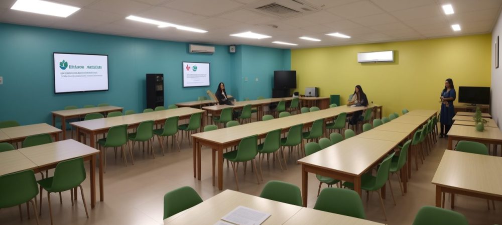 Reunião escolar onde educadores discutem diretrizes para o projeto político pedagógico